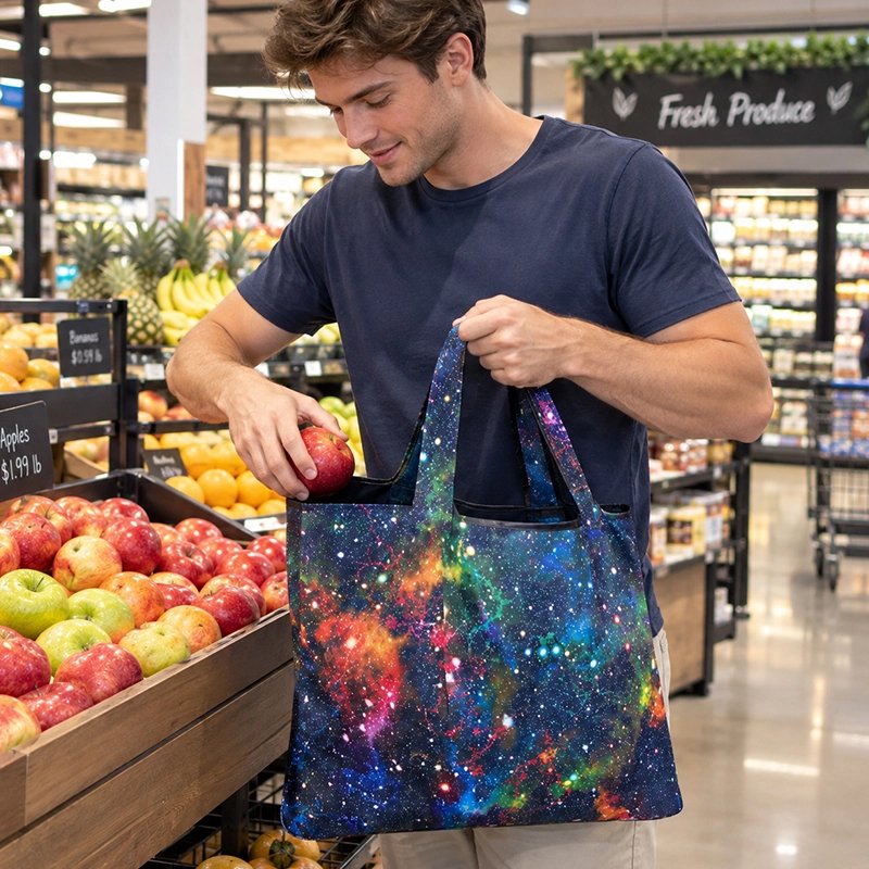 jeune-homme-souriant-vetu-dun-tshirt-tiens-dans-sa-main-un-grand-sac-reutilisable-aux-motifs-de-galaxie-multicolore-melant-bleu-violet-vert-rose-dans-le rayon-de-fruits-dun-supermarcher