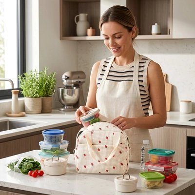 une-femme-souriante-prepare-son-Sac-isotherme-blanc-a-pois-rouges-dans-une-cuisine-moderne-pratique-et-elegant-il-permet-de-transporter-facilement-ses-repas-et-collations-au-quotidien