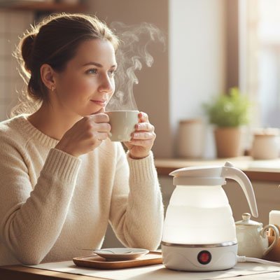 femme-buvant-cafe-avec-bouilloire-sur-la-table