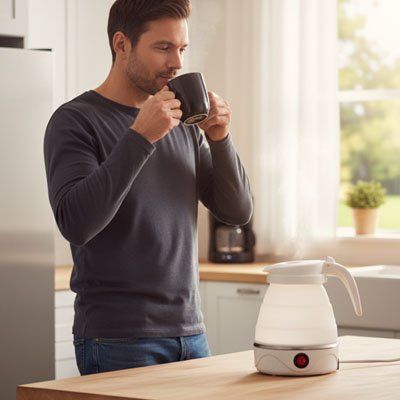 homme-avec-tasse-de-cafe-a-cote-une-bouilloire-sur-comptoir