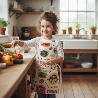 petite-fille-portant-tablier-avec-motifs-dans-cuisine