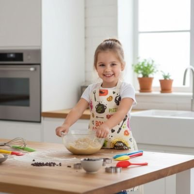 petite-fille-portant-tablier-avec-motifs-ustensiles-cuisine-tenant-bol