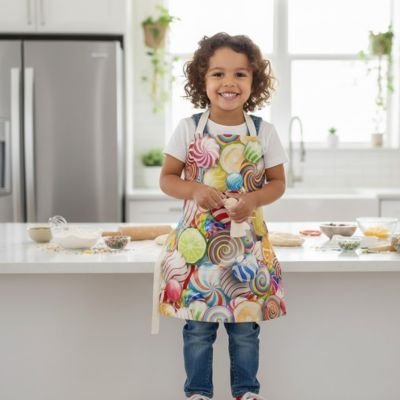 petite-fille-portanttablier-motifs-sucon-debout-sur-chaise-dans-cuisine