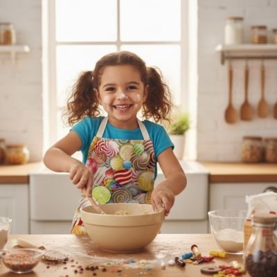 petite-fille-portanttablier-motifs-sucon-melange-gateau