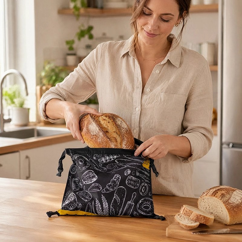femme-dans-cuisine-mets-gros-pain-dans-sac-a-pain-ecrit-bread-bag-en-jaune-illustrer-par-des-graphiques-theme-boulangerie