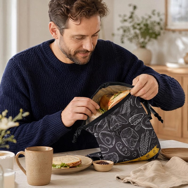 homme-dans-cuisine-mets-sandwich-dans-sac-a-pain-ecrit-bread-bag-en-jaune-illustrer-par-des-graphiques-theme-boulangerie