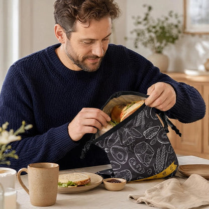 homme-dans-cuisine-mets-sandwich-dans-sac-a-pain-ecrit-bread-bag-en-jaune-illustrer-par-des-graphiques-theme-boulangerie
