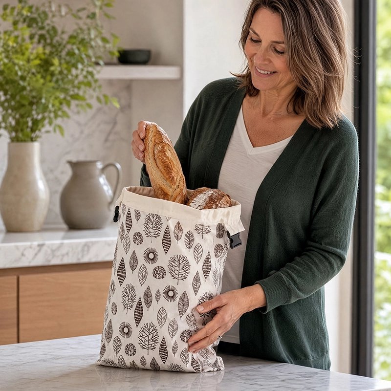 une-femme-souriante-range-du-pain-frais-dans-un-sac-en-tissu-blanc-casser-decorer-de-motifs-vegeteaus-gris-et-noirs-dans-une-cuisie-moderne-et-lumineuse