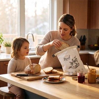 une-mere-et-sa-fille-preparent-le-petit-dejeuner-dansune-cuisine-chaleureuse-la-mere-range-du-pain-dans-un-sac-beige-a-fermeture-rouler-decorer-dune-illustration-de-boulangerie