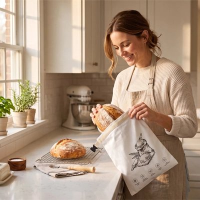 une-femme-souriante-range-n-pain-artisanal-dans-un-sac-a-pain-beige-a-cordon-decorer-dune-illustration-de-boulangerie-dans-une-cuisine-lumineuse