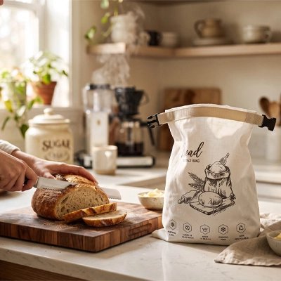 un-pain-artisanal-est-decouper-en-tranches-sur-une-planche-en-bois-a-coter-dun-sac-a-pain-beige-a-fermeture-rouler-decorer-dune-illustration-de-boulangerie-dans-une-cuisine-chaleureuse