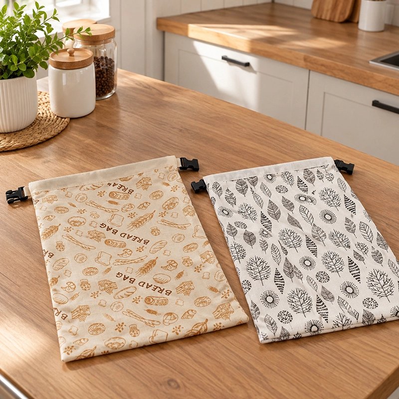 deux-sacs-a-pains-en-tissus-sont-poser-sur-un-comptoir-en-bois-dans-une-cuisine-lumineuse-un-est-beige-avec-des-motifs-de-pain-dorer-lautre-blanc-avec-des-feuilles-grises-et-noires-les-deux-possedent-une-fermeture-a-cordon-coulissant