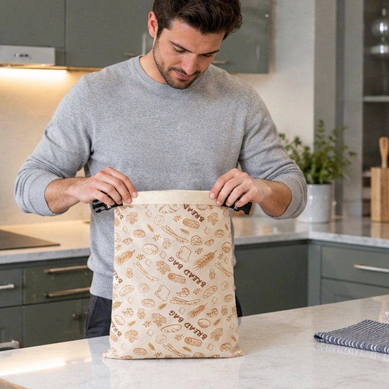 un-homme-souriant-vetu-dun-pull-gris-clair-ouvre-un-sac-a-pain-beige-decorer-de-motifs-de-boulangerie-dorer-poser-sur-le-comptoir-dune-cuisine-moderne-et-elegante