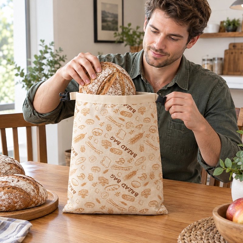 un-jeune-homme-souriant-vetu-dune-chemise-vert-foncer-glisse-un-pain-beige-decorer-de-motis-de-boulangerie-sur-une-table-en-bois-dans-une-cuisine-chaleureuse-et-lumineuse