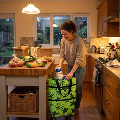 femme-dans-la-cuisine-sortant-les-courses-du-sac-de-course-retractable-a-roulette-vert-avec-motifs-floraux-noirs-et-vert