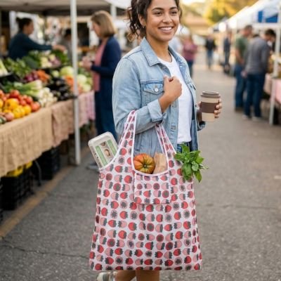 femme-dans-marcher-porte-Sac-de-course-reutilisabe-avec-motifs-fraises