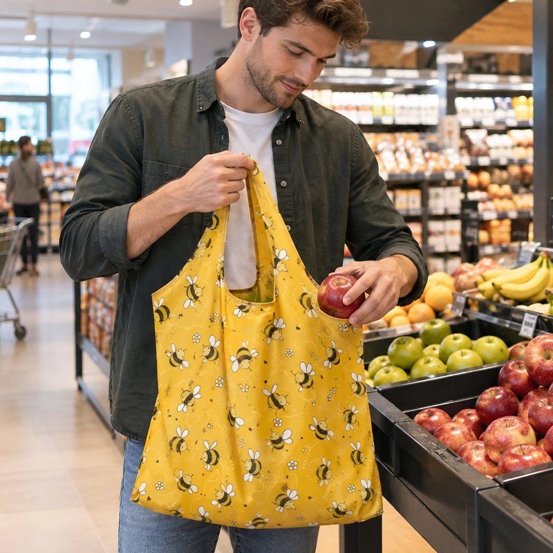jeune-homme-souriant-vetu-dune-chemise-vert-foncer-et-dun-tshirt-blanc--glisse-une-pomme-rouge-dans-un-grand-sac-de-courses-reutilisable-jaune-moutarde-decorer-de-petites-abeilles-noires-et-jaunes-aux-ailes-blanches-au-rayon-fruits-dun-supermarcher