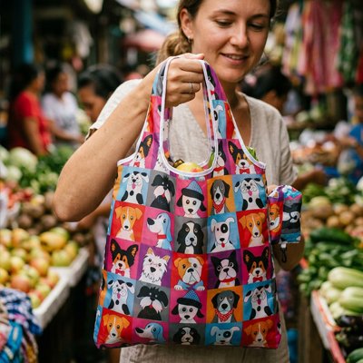 femme-dans-un-marcher-de-fruits-et-de-legumes-tenant-un-sac-reutilisable-tres-colorer-decorer-de-mosaîque-de-petits-carres-aux-couleurs-vives-rose-bleu-orange-rouge-violet-illustrant-des-chiens-de-races-differentes