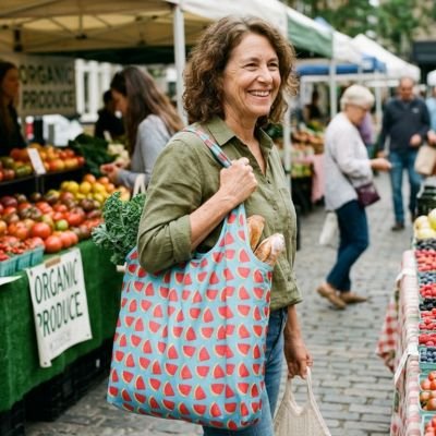 femme-dans-marcher-portant-sac-de-course-reutilisable-avec-motifs-morceaux-de-pasteque