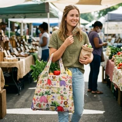 femme-dans-marcher-portant-au-bras-sac-de-course-avec-motifs-                                        joyeux-inspirer-de-la-nature-et-du-monde-animal-elephant-lion   