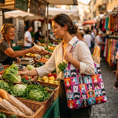 femme-devant-un-marchand-de-fruits-et-de-legumes-tenant-un-sac-reutilisable-tres-colorer-decorer-de-mosaîque-de-petits-carres-aux-couleurs-vives-rose-bleu-orange-rouge-violet-illustrant-des-chiens-de-races-differentes