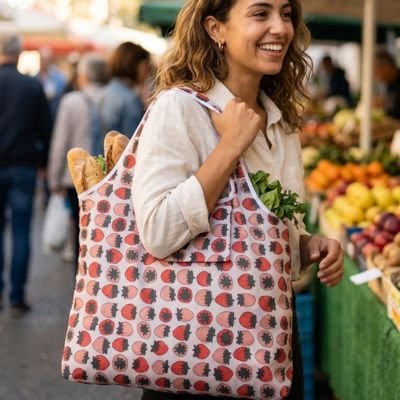 femme-souriant-dans-marcher-portant-a-epaule-sac-de-course-reutlisable-avec-motifs-fraise