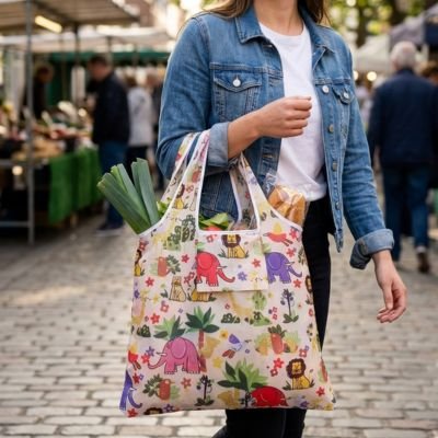 femme-dans-marcher-portant-sac-de-course-reutilisable-avec-motifs-elephant-et-lion-tres-colorer