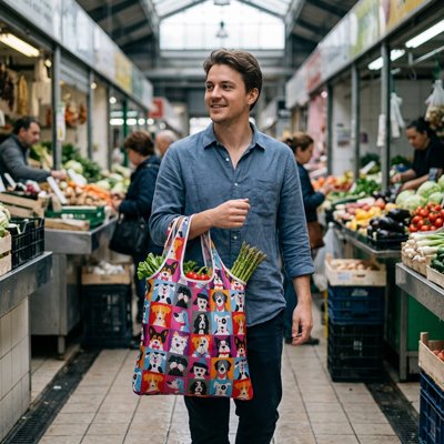 homme-dans-un-marcher-de-fruits-et-de-legumes-tenant-un-sac-reutilisable-tres-colorer-decorer-de-mosaîque-de-petits-carres-aux-couleurs-vives-rose-bleu-orange-rouge-violet-illustrant-des-chiens-de-races-differentes