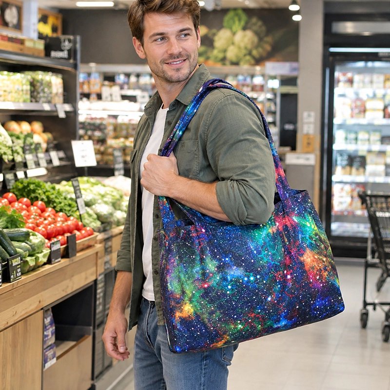 jeune-homme-souriant-vetu-dune-chemise-verte-et-dun-jean-porte-sur-lepaule-un-grand-sac-reutilisable-aux-motifs-de-galaxie-multicolore-melant-bleu-violet-vert-rose-dans-le rayon-de-fruits-et-legumes-dun-supermarcher