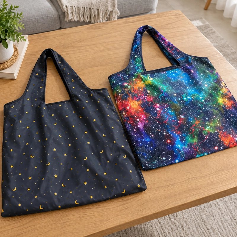 deux-sacs-reutilisables-en-tissus-sont-poser-sur-une-table-en-bois-le-premier-est-noir-decorer-de-petites-etoiles-et-lune-dorer-le-second-presente-un-magnifique-motifs-de-glaxie-multicolor-melant-blu-violet-rose-vert-orange-tous-deuxpossedent-de-larges-ganses-pour-un-transport-facile