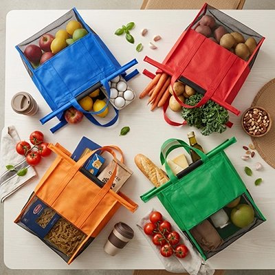 demostration-de-quatre-sac-de-course-reutilisable-chaque-sac-possede-deux-poigner-souple-la-partie-superieure-est-faite-de-tissu colorer-la-partie-inferieure-est-en-filet-noir-permet-de-voir-partiellement-le-contenu