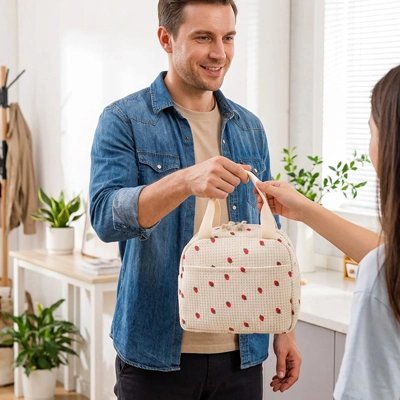 un-homme-donne-un-sac-isotherme- blanc-a-pois-rouge-a-une-jeune-fille-doter-dune-poigner-et-dune-femeture-eclaire-compact-et-elegant-il-est-ideal-pour-transporter-ses-repas-au-quotidien