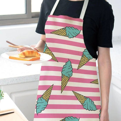 femme-portant-Tablier-de-cuisine-rayer-blanc-et-rose-avec-motifs-cornet-creme-glacer 