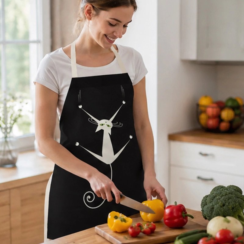 femme-dans-cuisine-coupant-piments-porte-tablier-noir-avec-laniere-blanche-autour-du-cou-avec-motif-chat-blanc