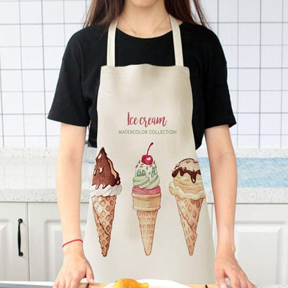femme-portant-tablier-blanc-avec-motifs-trois-cornets-creme-glacer-deux-chocolat-en-a-la-pistache-avec-cerise-en-haut-des-cornets-ecrit-ice-cream