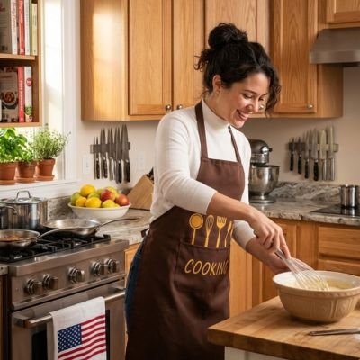 femme-dans-la-cuisine-portant-tablier-maron-avec-motifs-quatre-ustensiles-dorer-une-fourchette-une-cuillere-une-spatule-une-louche-en-dessous-une-pochette-ecrit-cooking