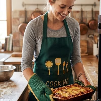 femme-dans-la-cuisine-tient-un-plat-sorti-du-four-portant-tablier-vert-avec-motifs-quatre-ustensiles-dorer-une-fourchette-une-cuillere-une-spatule-une-louche-en-dessous-une-pochette-ecrit-cooking