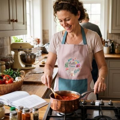 femme-mijote-dans-une-casserole-porte-tablier-deux-ton-rose-pale-poche-ventrale-bleu-canard-au-centre-une-illustration-florale-au-milieu-ecrit-hello