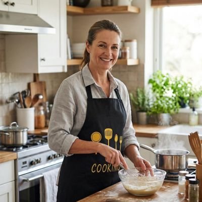 femme-dans-la-cuisine-tient-fouet-de-cuisine-portant-tablier-noir-avec-motifs-quatre-ustensiles-dorer-une-fourchette-une-cuillere-une-spatule-une-louche-en-dessous-une-pochette-ecrit-cooking