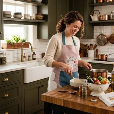 femme-prepare-repas-dans-la-cuisine-porte-tablier-deux-ton-rose-pale-poche-ventrale-bleu-canard-au-centre-une-illustration-florale-au-milieu-ecrit-hello