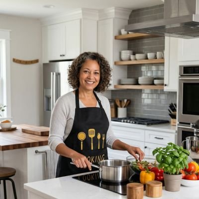 femme-dans-la-cuisine-portant-tablier-noir-avec-motifs-quatre-ustensiles-dorer-une-fourchette-une-cuillere-une-spatule-une-louche-en-dessous-une-pochette-ecrit-cooking