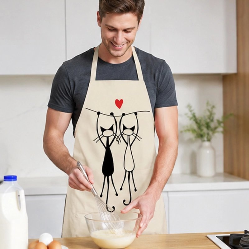 homme-dans-cuisine-porte-tablier-beige-claire-au-centre-illustration-deux-chats-cote-a-cote-les-deux-pattes-avant-accrocher-a-une-corde-un-petit-coeur-rouge-placer-au-dessus-apporte-une-touche-romantique-et-chaleureuse