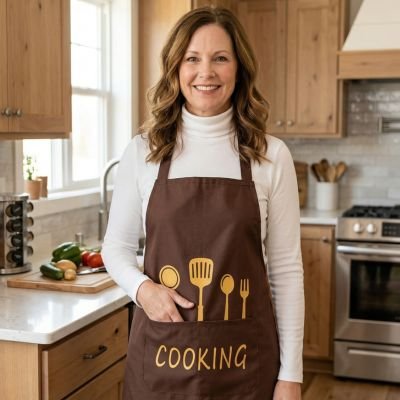 femme-dans-la-cuisine-portant-tablier-maron-avec-motifs-quatre-ustensiles-dorer-une-fourchette-une-cuillere-une-spatule-une-louche-en-dessous-une-pochette-ecrit-cooking-sa-main-droite-dans-la-pochette