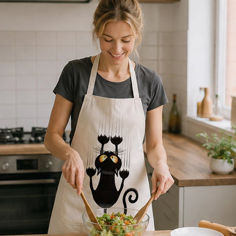 femme-dans-cuisine-preparant-salade-portant-tablier-blanc-casser-avec-laniere-meme-couleur-autour-du-cou-avec-motif-chat-noir-au-centre