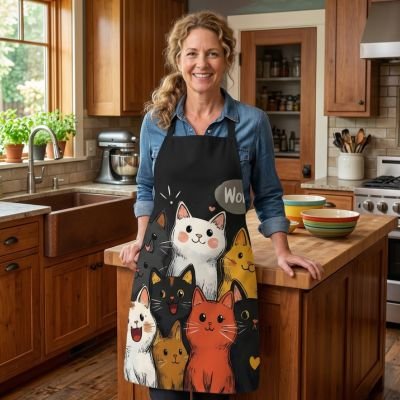 femme-dans-cuisine-portant-tablier-avec-motifs-petits-minous-dessinés-facon-cartoon-avec-des-grosses-joues-et-des-expressions-mignones