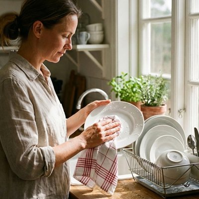 femme-souriante-seche-assiette-avec-torchon-blanc-avec-motifs-carreaux-rouge