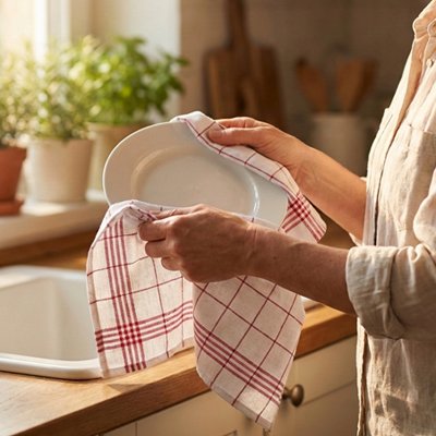personne-seche-assiette-avec-torchon-blanc-avec-motifs-carreaux-rouge
