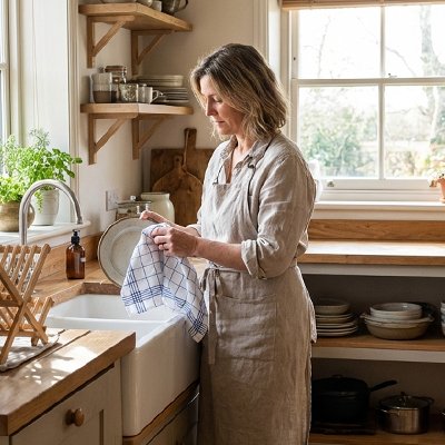 femme-devant-levier-seche-assiette-avec-torchon-blanc-avec-motifs-carreaux-bleu